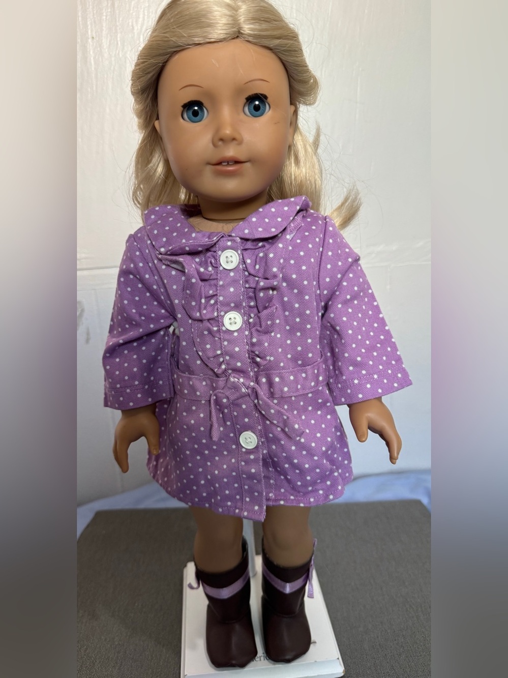 Authentic AmericanGirl Bitty Baby15”doll retired purple dotty coat and boots set